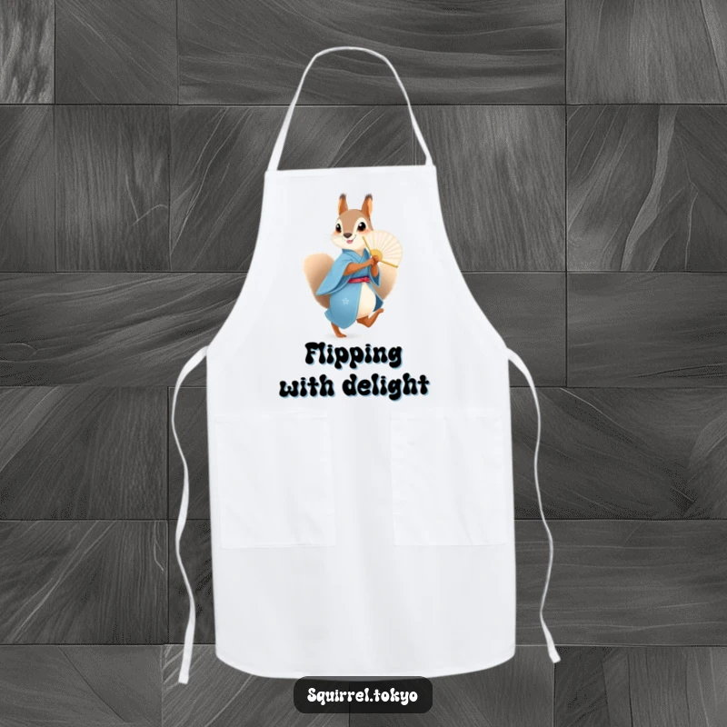 Funny Squirrel Fan Apron: A squirrel in a blue kimono with a fan, ready for playful cooking, a funny gift.