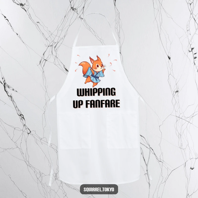 Funny apron showing a playful red squirrel in a blue striped kimono, leaping gracefully with streamers, adding whimsy to cooking.