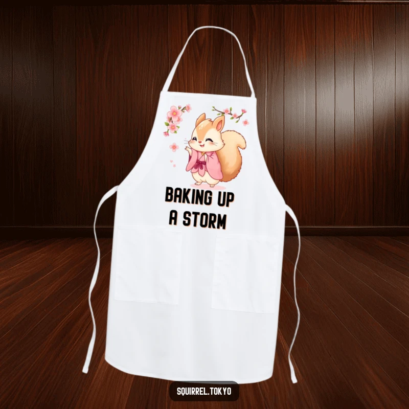 Funny apron showing a fluffy squirrel in a pink kimono joyfully spinning with a cherry blossom, perfect for a humorous cooking experience.