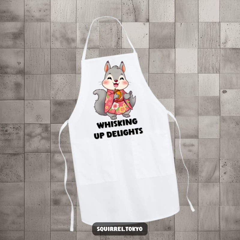 Funny apron showing a delighted grey squirrel in a vibrant floral kimono, holding a golden acorn, adding a touch of whimsy to cooking.