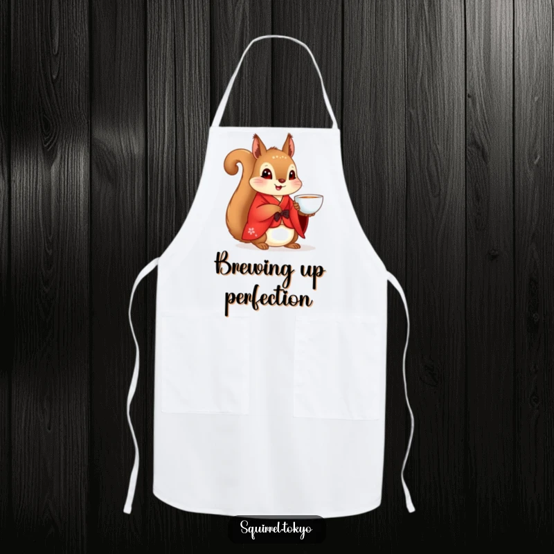 Funny Squirrel Kimono Apron: A squirrel in a red kimono with a teacup, ready for peaceful cooking, a funny gift.