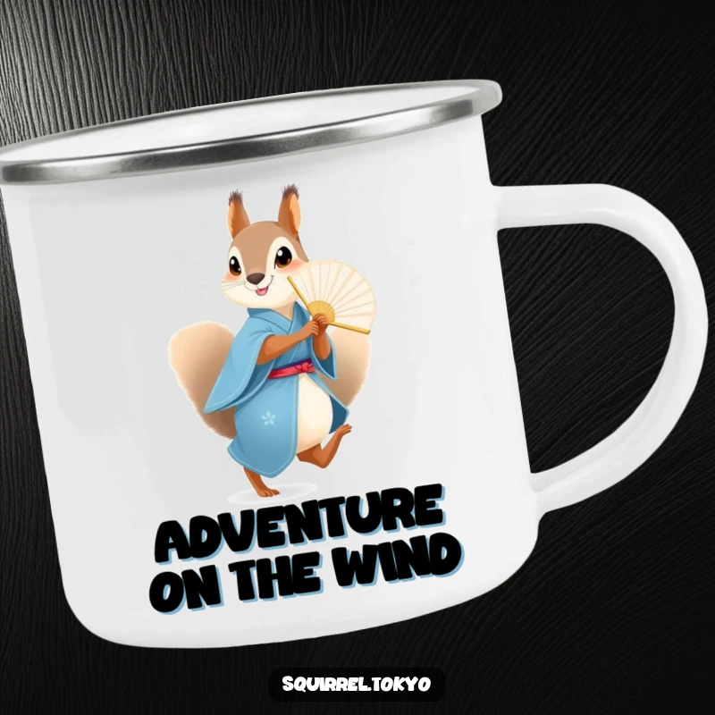 Funny Squirrel Fan Camping Mug: A squirrel in a blue kimono with a fan, ready for playful adventures, a funny gift.