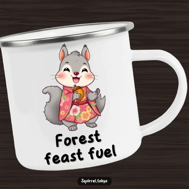 Funny camping mug featuring a delighted grey squirrel in a vibrant floral kimono, holding a golden acorn, for enjoying drinks outdoors.