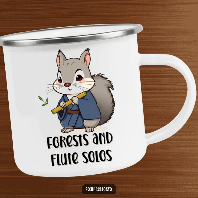 Funny stoic grey squirrel in a dark blue kimono playing a bamboo flute on a metal camping mug, built for laughs and adventures.