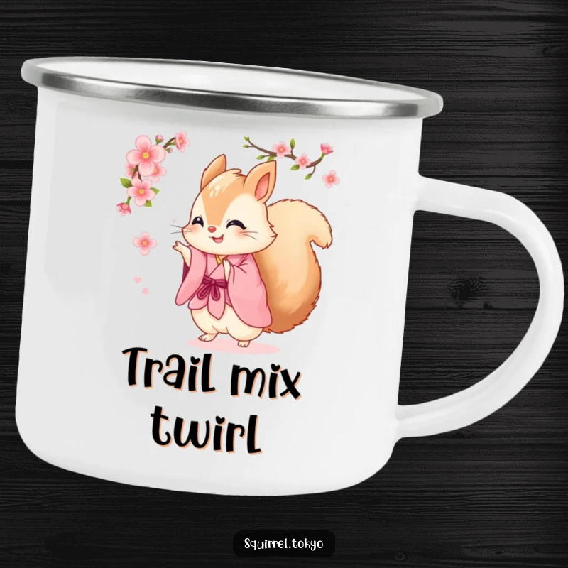 Funny camping mug with a fluffy squirrel in a pink kimono joyfully spinning with a cherry blossom, ideal for outdoor humor.