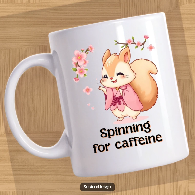Funny mug showing a fluffy squirrel in a pink kimono joyfully spinning with a cherry blossom, radiating carefree happiness and playful humor.