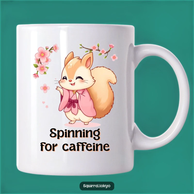 Funny Spinning Squirrel Mug: Joyful Pink Kimono Squirrel with Blossom, Perfect Funny Gift