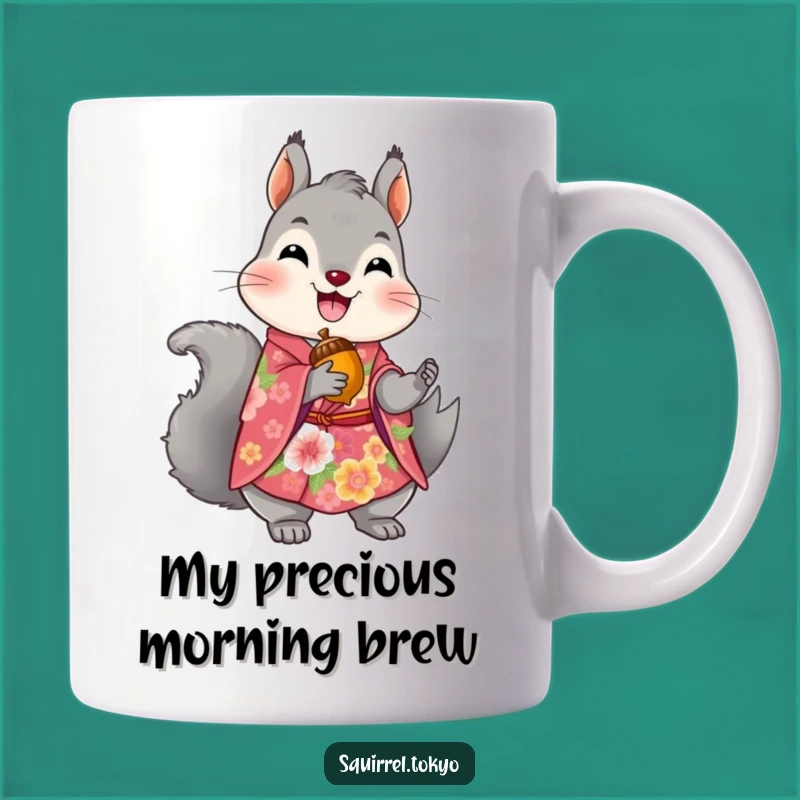 Funny Squirrel Kimono Mug: Joyful Acorn Hunter, Whimsical Nature Gift for Her