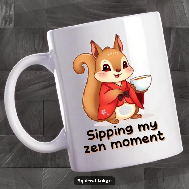 Funny Squirrel Kimono Mug: A cute squirrel in a red kimono delicately holds a teacup, radiating peace, a perfect funny gift.