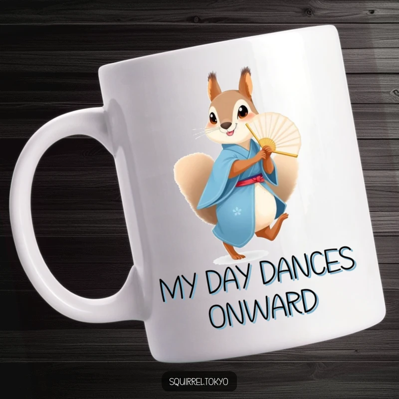 Funny Squirrel Fan Mug: A playful squirrel in a blue kimono skips with a charming paper fan, radiating joy, a perfect funny gift.
