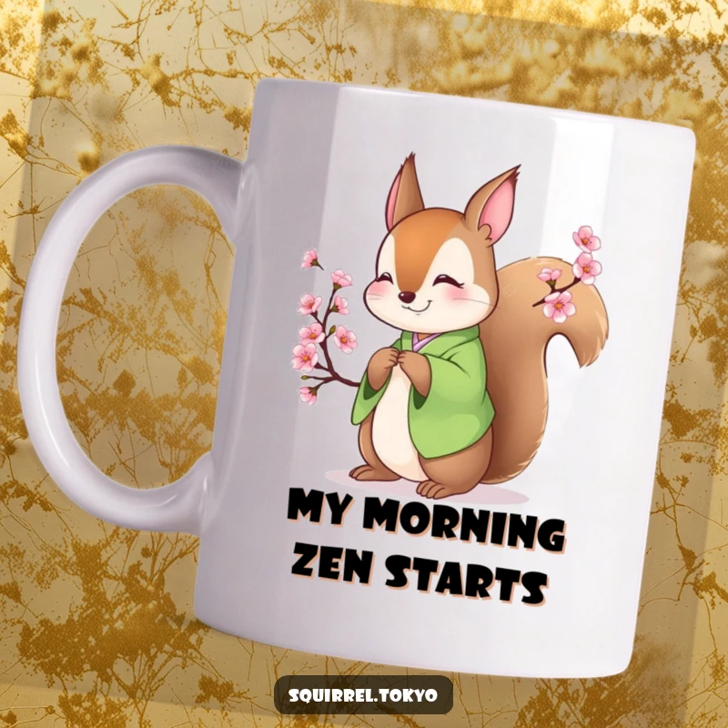 Funny mug featuring a smiling squirrel in a green kimono bowing gracefully near a blossoming branch, radiating peaceful energy and gentle humor.