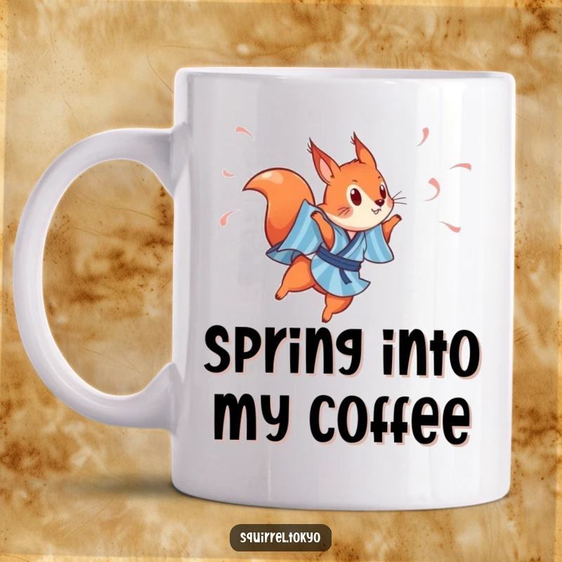 Funny mug depicting a playful red squirrel in a blue striped kimono, gracefully leaping with colorful streamers.