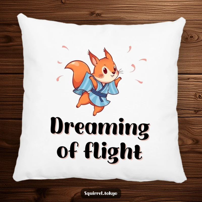 Funny pillow displaying a playful red squirrel in a blue striped kimono, leaping gracefully with streamers, for comfort and charm.