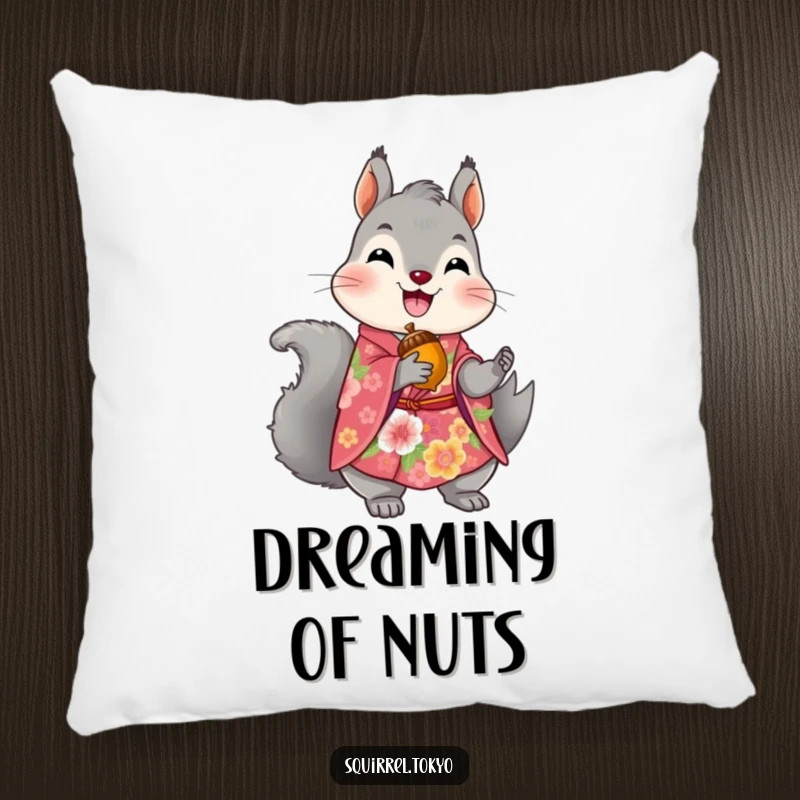 Funny pillow displaying a delighted grey squirrel in a vibrant floral kimono, holding a golden acorn, perfect for adding comfort and charm.