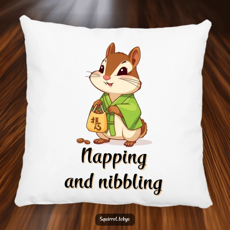 Funny pillow displaying a curious chipmunk in a green silk kimono, offering a small bag of nuts, for comfort and charm.