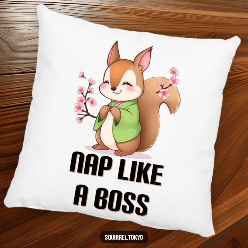 Funny pillow featuring a smiling squirrel in a green kimono bowing elegantly with a blossoming branch, adding soft humor to any room.
