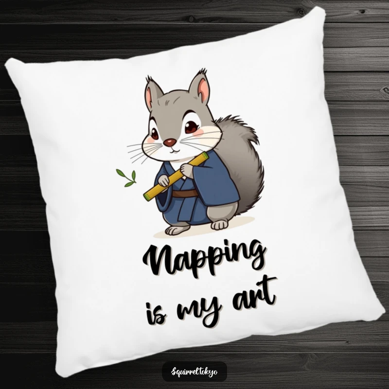 Funny stoic grey squirrel in a dark blue kimono holding a bamboo flute, featured on a soft pillow, adding humor to any room.