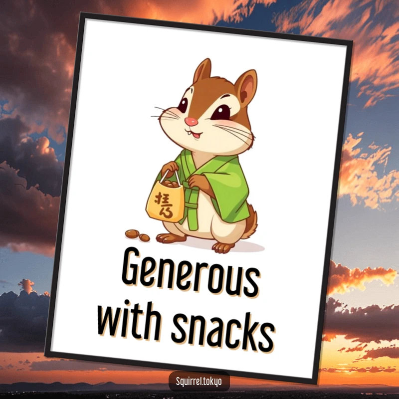 Funny digital art print of a curious chipmunk in a green silk kimono, offering a small bag of nuts, perfect for whimsical decor.