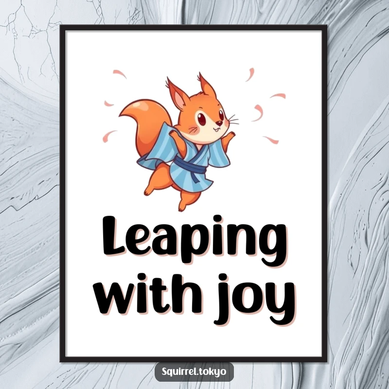 Funny digital art print of a playful red squirrel in a blue striped kimono, leaping gracefully with streamers, perfect for dynamic decor.