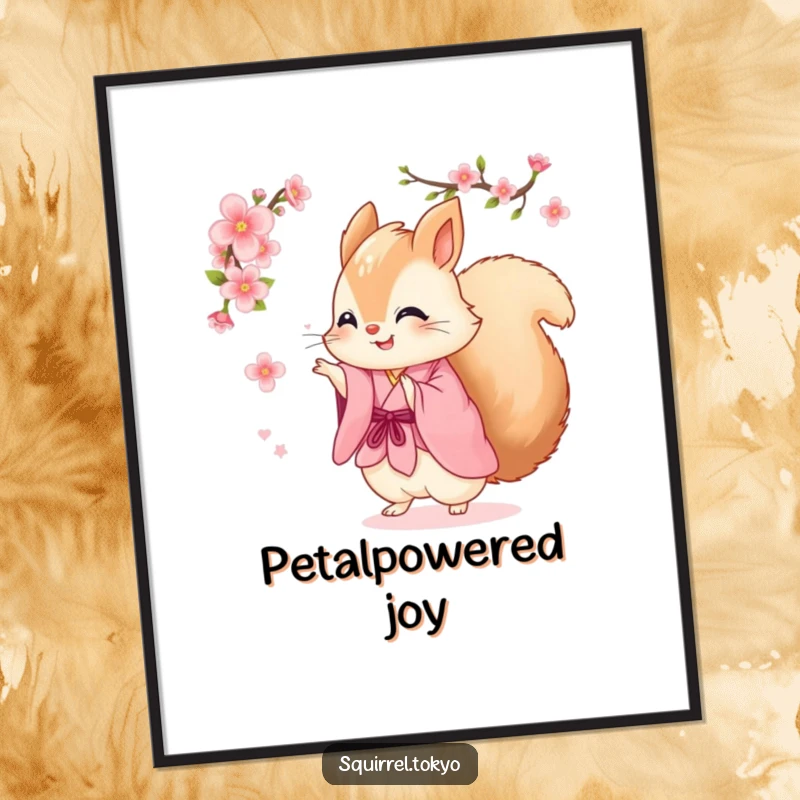 Funny digital art print of a fluffy squirrel in a pink kimono joyfully spinning with a cherry blossom, perfect for cheerful, humorous decor.