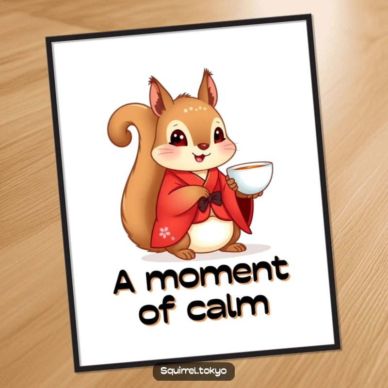 Funny Squirrel Kimono Digital Art Print: A squirrel in a red kimono with a teacup, radiating peace, an instant funny gift.