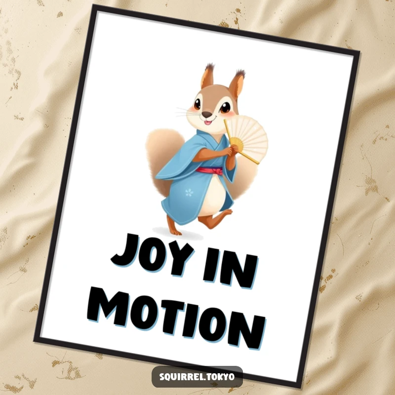 Funny Squirrel Fan Digital Art Print: A squirrel in a blue kimono with a fan, radiating playfulness, an instant funny gift.