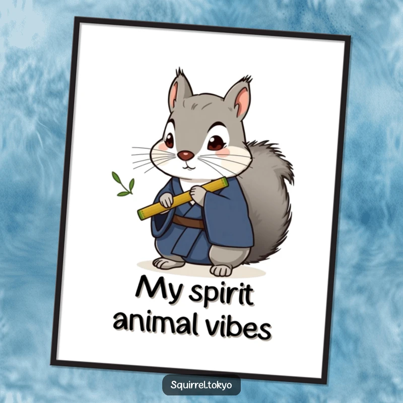 Funny stoic grey squirrel in a dark blue kimono playing a bamboo flute, presented as a high-resolution digital art print for humorous decor.