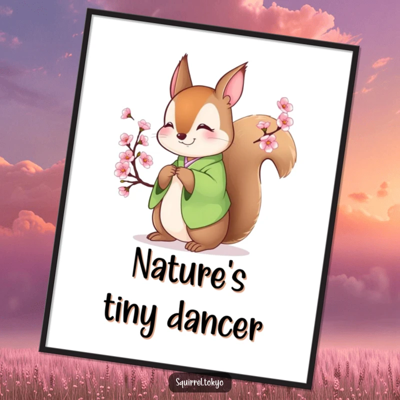 Funny digital art print of a smiling squirrel in a green kimono bowing gracefully with a blossoming branch, perfect for humorous wall decor.