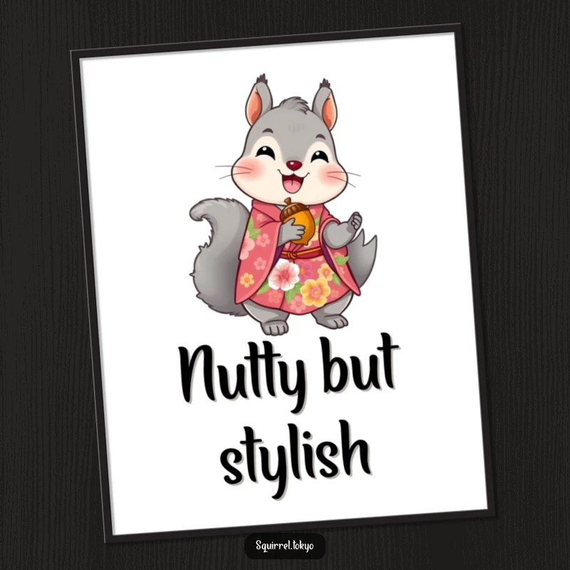 Funny digital art print of a delighted grey squirrel in a vibrant floral kimono, holding a golden acorn, perfect for whimsical decor.