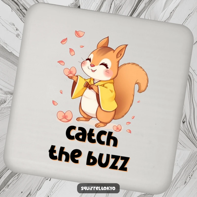Funny drink coaster with a mischievous squirrel in a yellow kimono catching falling petals, adding humorous style and surface protection.