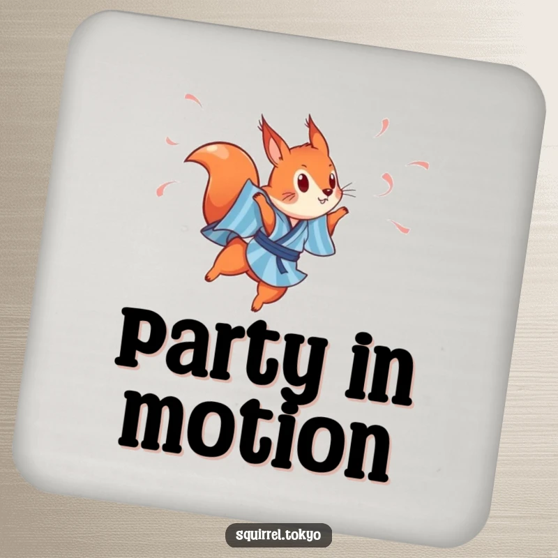 Funny drink coaster featuring a playful red squirrel in a blue striped kimono, leaping gracefully with streamers, adding dynamic charm.