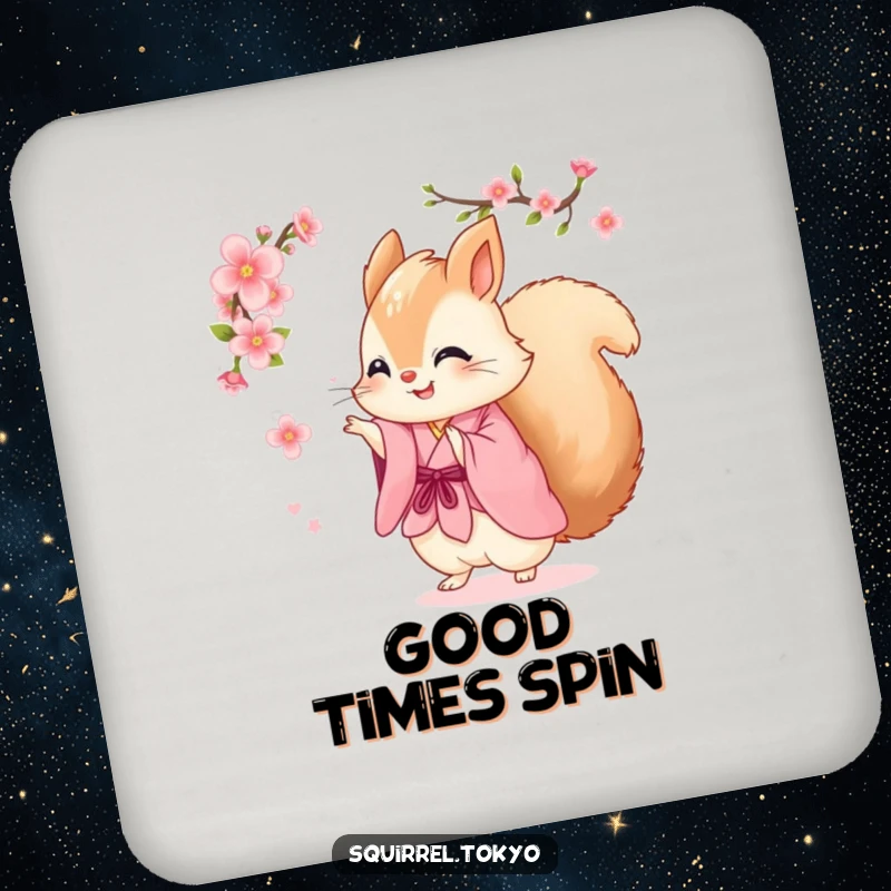 Funny drink coaster with a fluffy squirrel in a pink kimono joyfully spinning with a cherry blossom, adding humor and style.
