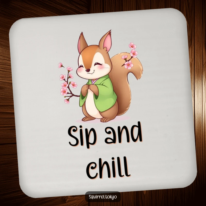 Funny drink coaster with a smiling squirrel in a green kimono bowing gracefully, protecting surfaces with artistic and humorous flair.