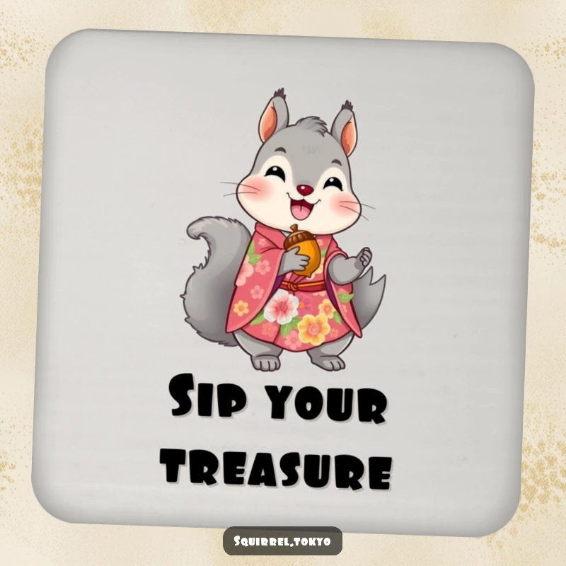 Funny drink coaster featuring a delighted grey squirrel in a vibrant floral kimono, holding a golden acorn, adding whimsical charm.