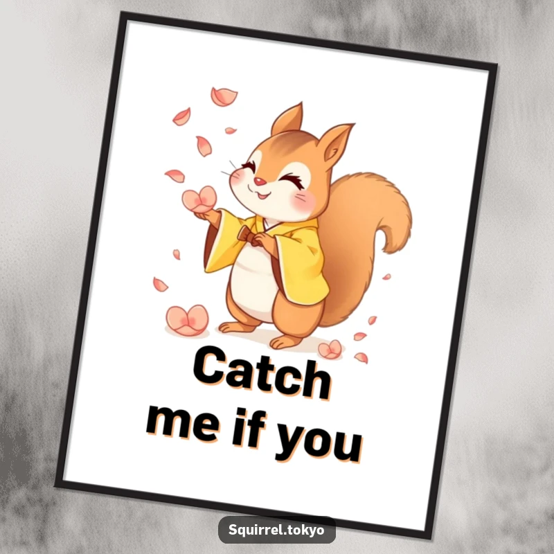 Funny art print of a mischievous squirrel in a yellow kimono playfully catching falling petals, adding whimsical humor and charm.