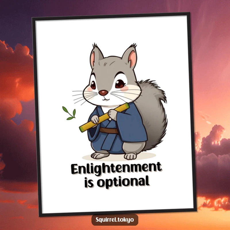 Funny stoic grey squirrel in a dark blue kimono playing a bamboo flute, displayed as humorous wall art on a poster.