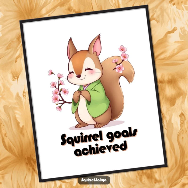 Funny poster print of a smiling squirrel in a green kimono bowing gracefully with a blossoming branch, embodying humor and artistic serenity.