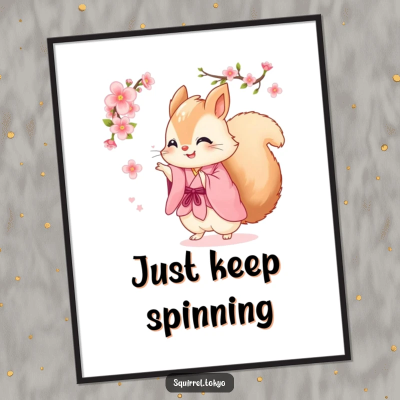 Funny art print of a fluffy squirrel in a pink kimono joyfully spinning with a cherry blossom, bringing lively humor and color.
