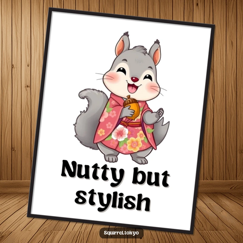 Funny poster showing a delighted grey squirrel in a vibrant floral kimono, holding a golden acorn, adding whimsical charm to any room.