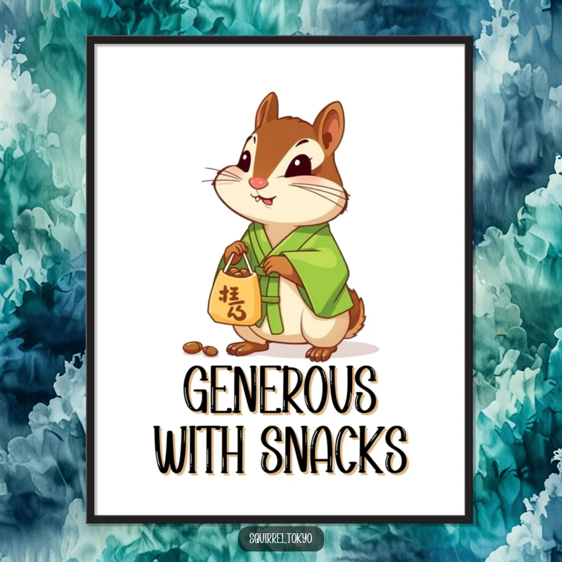 Funny poster showing a curious chipmunk in a green silk kimono, offering a small bag of nuts, adding whimsical charm to any room.