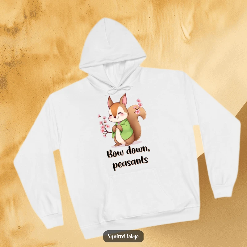 Funny hoodie with a smiling squirrel in a green kimono bowing gracefully under a blossoming branch, offering warm and humorous comfort.