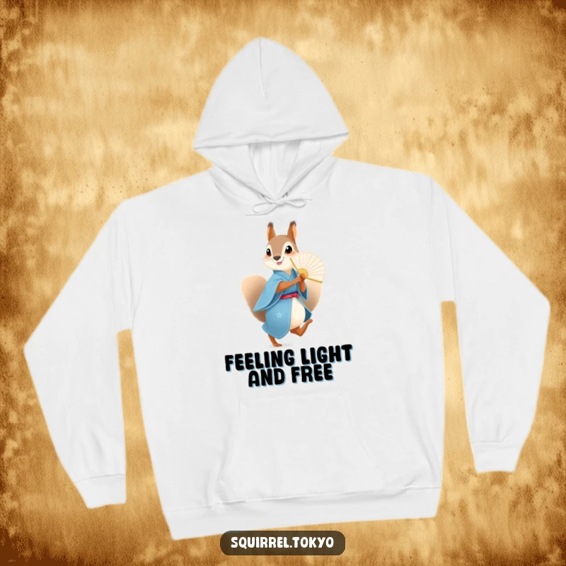 Funny Squirrel Fan Hoodie: A playful squirrel in a blue kimono skips with a fan, offering cozy fun, a perfect funny gift.