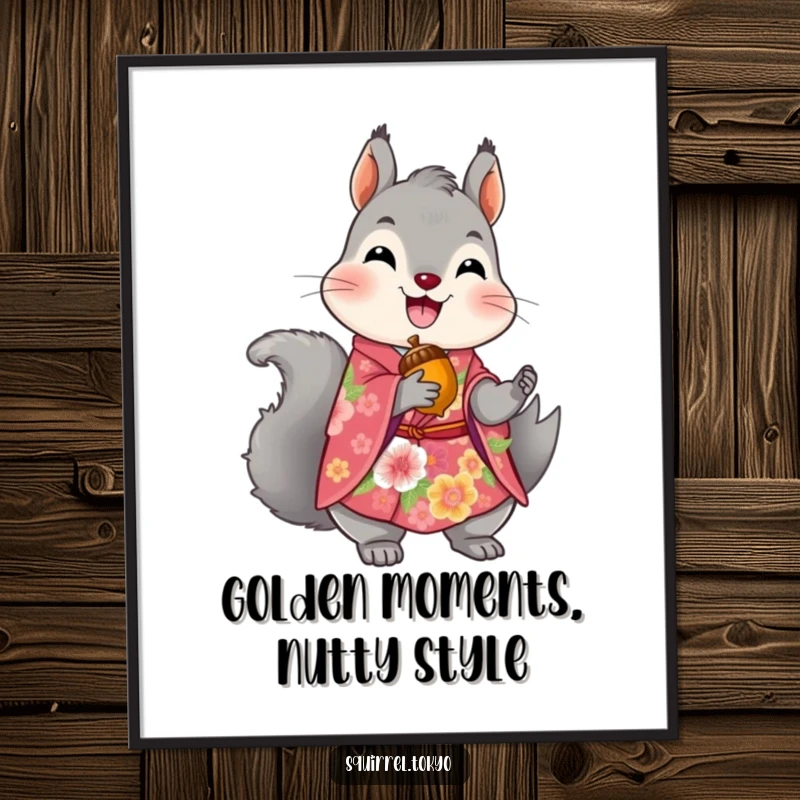 Funny Free Printable Wall Art: A delighted grey squirrel dons a vibrant floral kimono, holding a precious golden acorn with sophisticated grace.