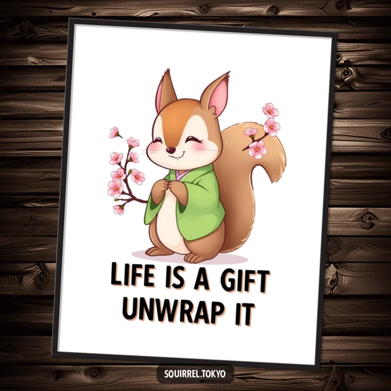 Funny Free Printable Wall Art: A smiling squirrel in a green kimono bowing gracefully with a blossoming branch, downloadable art.