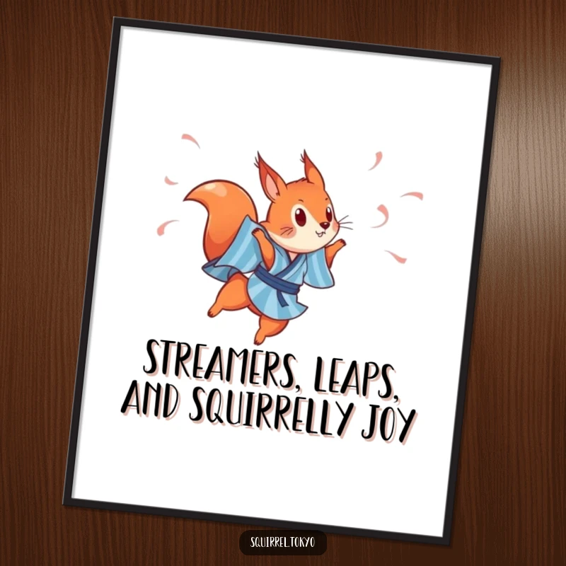 Funny Free Printable Wall Art: A playful red squirrel in a blue kimono leaps with vibrant streamers, creating a dynamic and joyful visual.