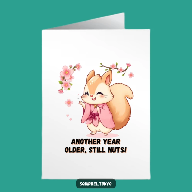 Free Printable Birthday Card: Fun Squirrel in Pink Kimono Spinning Gift