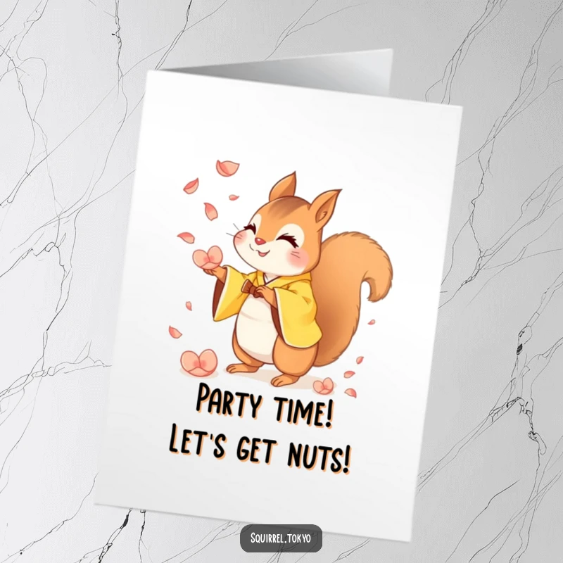 Funny Free Printable Birthday Card: Mischievous squirrel in yellow kimono catching falling petals, a humorous downloadable gift.