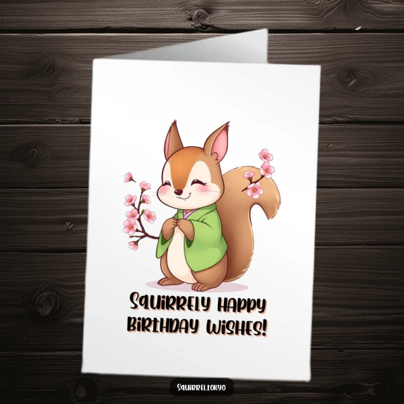 Funny Free Printable Birthday Card: Smiling squirrel in green kimono bowing gracefully with cherry blossoms, a humorous downloadable gift.