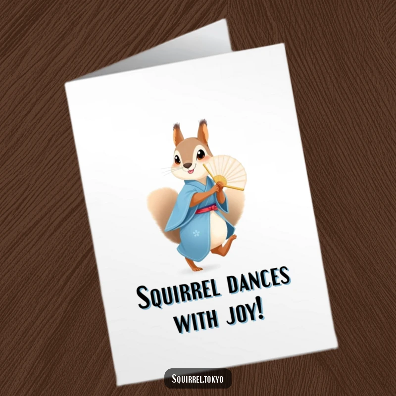 Funny Free Printable Squirrel Fan Birthday Card: Playful squirrel in blue kimono skips with a paper fan, celebrating.