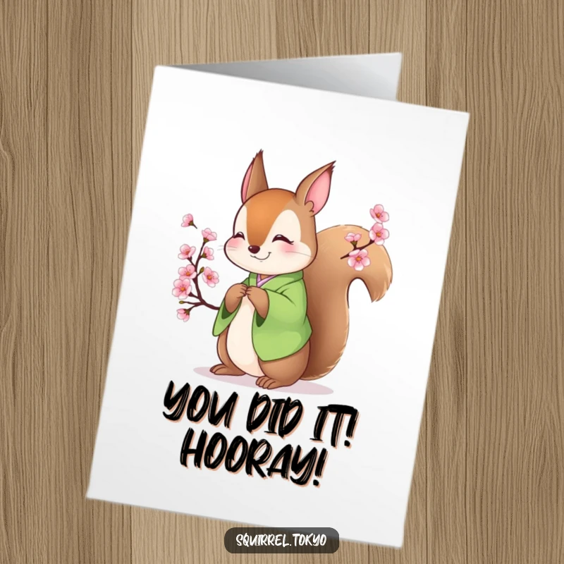 Funny Free Printable Congrats Card: Squirrel in green kimono bowing gracefully, celebrating success, a downloadable art piece.